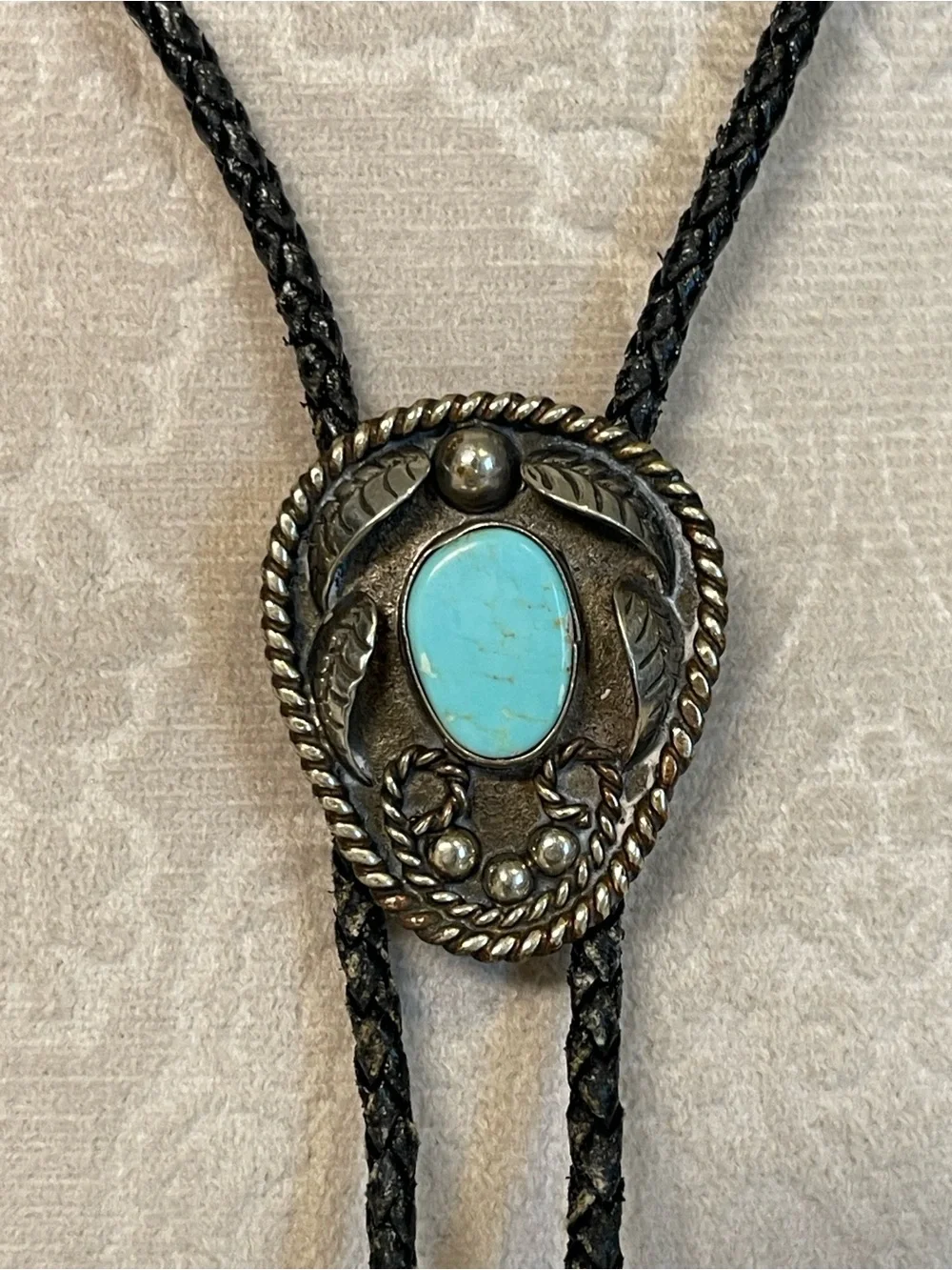 Turquoise Stone Bolo Tie with Braided Black Cord